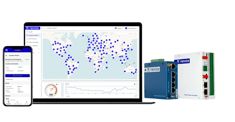 Remote-routers en controller met het webportal op een laptop en de app op een telefoon